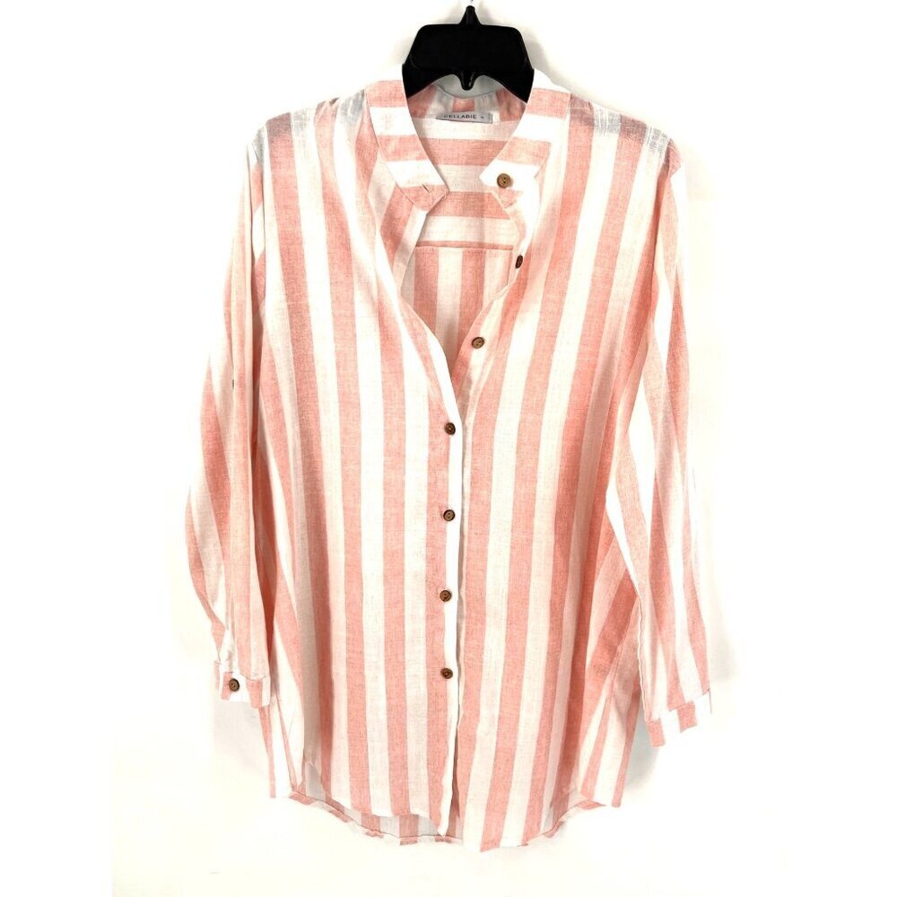 Cellabie Womens Pink Striped Button Down Shirt Size XL Swimsuit Cover Coastal
